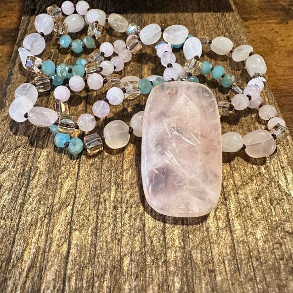 Bohemian Natural Pink Quartz Pendant Necklace | Handcrafted Rock Crystal Beads‎ - Picture 6 of 10